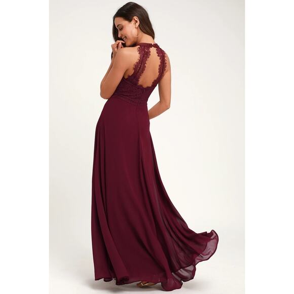 Lulus “Dance All Evening” Burgundy Lace Maxi Halter Dress – Large NWT - Picture 2 of 7